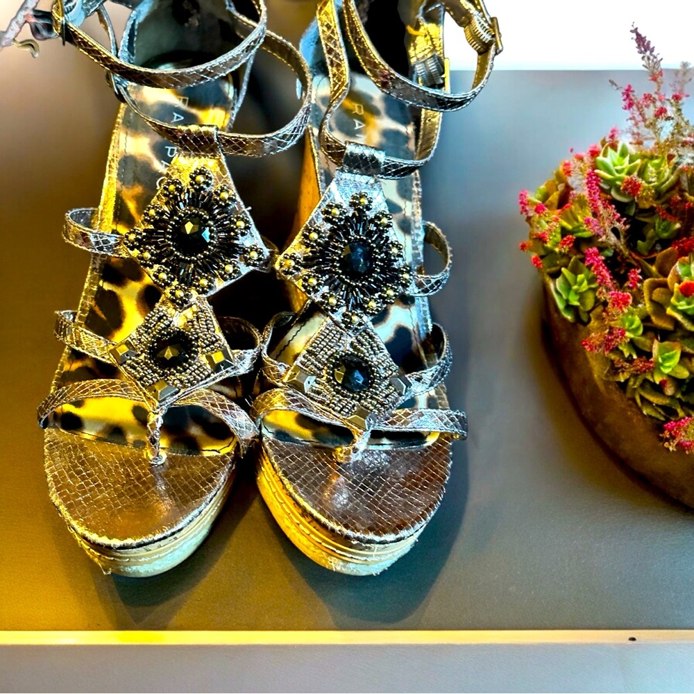 Gorgeous, metallic, gold, cork, wedge sandal